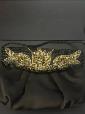 Vintage Black Satin Beaded Evening Clutch Floral Gold Silver Shoulder Purse thumbnail 2