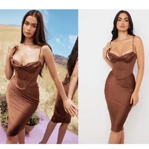 HOUSE OF CB 'Myrna' Chocolate Satin Corset Slip Dress NWOT Size S‎ thumbnail 3