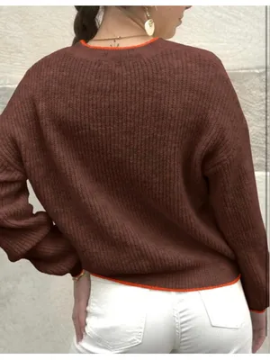 NEW Crew Neck Long Sleeve Knit Contrast Piping Strip Pullover Sweater S thumbnail 2