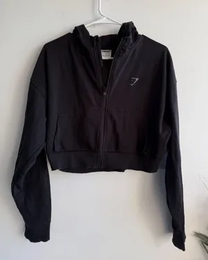 Gymshark Womens Training Cropped Zip Hoodie Black Large Boxy Full Zip Sweatshirt thumbnail 1