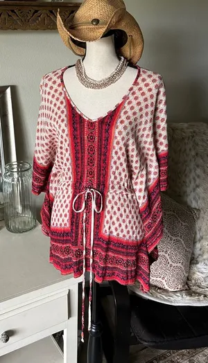 Angie cream, red floral, Boho V-neck, oversized festival tunic blouse M thumbnail 1