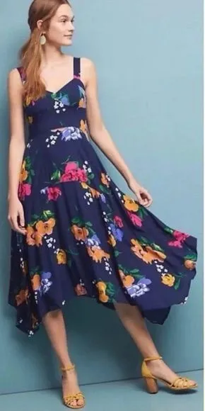 Anthropologie Maeve Vivienne Blue Motif Sweetheart Neckline Midi Dress Size 2 thumbnail 1