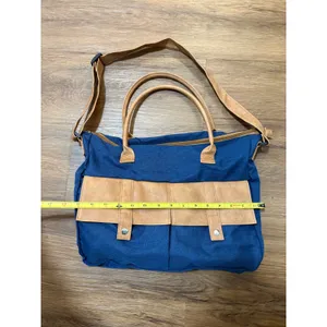 Blue Canvas Tote Bag with Tan Faux Leather Accents and Crossbody Strap thumbnail 5