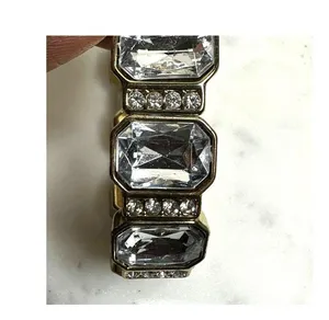 Gold-Tone Crystal Stretch Bracelet With Rhinestones & Rectangular Gemstones thumbnail 4