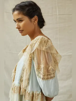 NWT Forever That Girl Blue/Tan Ruffle Lace Peplum Fairy Top Large Anthropologie thumbnail 4