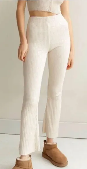 Urban Outfitters Womens Cream High Waist Ribbed Flare Pant Large thumbnail 1