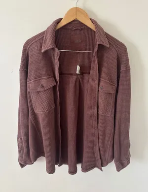 Aerie Waffle Knit‎ Shacket Mahogany Plum Oversized Button Down Shirt XS NEW thumbnail 1