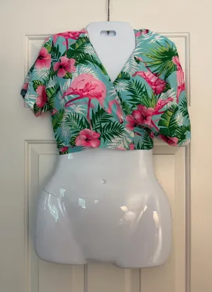 Tropical Flamingo Floral Wrap Top Adjustable Tie Front Size S thumbnail 1