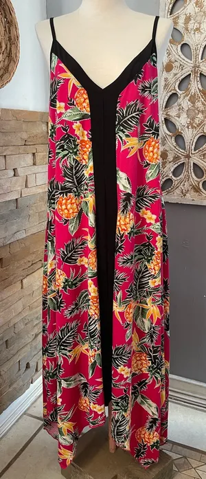 Shoreline Tropical Print Maxi Dress - Black and Pink thumbnail 1