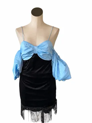 MWT X Julia Cumming puff sleeve fringe detail mini dress in black and blue thumbnail 6