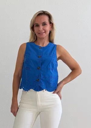 J.Crew Blue Eyelet Cotton Button Front Top XS NWT thumbnail 1