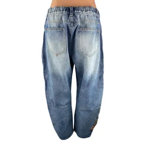 Women's Blue High Waisted Floral Embroidered Welt Pocket Barrel Denim Jeans Sz L thumbnail 2