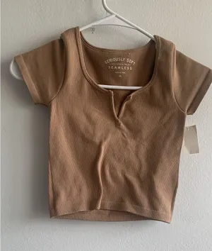Aeropostale Seriously Soft Seamless Ribbed Crop Top Tan Brown XS 3837 thumbnail 1