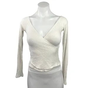 Reformation Minnie Ivory V-Neck Wrapped Knit Long Sleeve Ribbed Sweater Top XS thumbnail 3