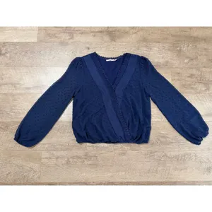 Mi Ami Navy Blue Swiss‎ Dot Lace Trim Faux Wrap Long Sleeve Blouse Medium thumbnail 6