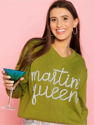 Queen of Sparkles Olive Martini Queen V Neck Sequin Elbow Patches Sweater thumbnail 1