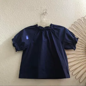 NEW Hill House The Kit Top Puff Sleeve Ruffle Navy Blue Boho Preppy Old Money XS New no tags Measurement in pics thumbnail 2