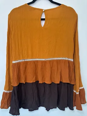 Signature Studio Tiered Blouse Size L Mustard Brown Long Sleeve Ruffle thumbnail 4