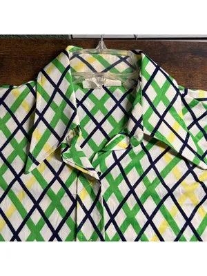 Vintage 70s Green Yellow Checkered Plaid Polyester Shirt thumbnail 4