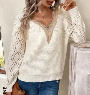 LUNE Guipure Lace Panel Pointelle Knit Drop Shoulder Sweater thumbnail 1