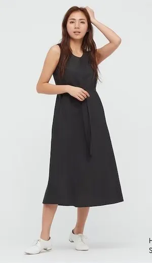 UNIQLO Linen Blend A-Line Midi Dress Black Sleeveless Tie Waist Size S thumbnail 1