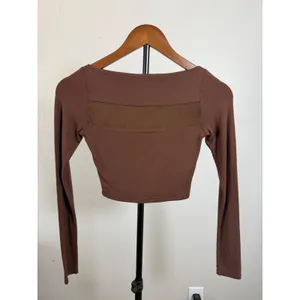 Naked Wardrobe Womens XS Brown Mesh Panel Long Sleeve Crop Top NW-C2068 thumbnail 2