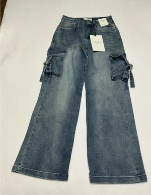 Love Soho Denim Jeans Womens 1 Wide Leg Low Rise Cargo Y2K Blue NWT thumbnail 1