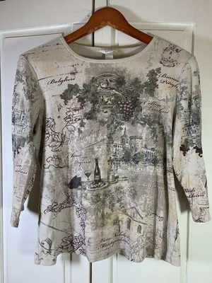 Christopher & Banks Vtg Y2K Italian Winery Scene Shirt Embellish Top USA Classic Romantic Watercolor thumbnail 1