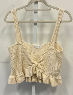 Mango MNG Cream Knit Tie Front Ruffle Hem Crop Top XL 100% Cotton Cottagecore thumbnail 1