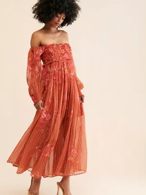 Free People Angel Eyes Brown Floral Off Shoulder High Slit Maxi Dress XS thumbnail 14