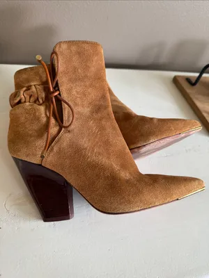 TORY BURCH Lila Ankle Bootie Camel Brown Suede 7.5 Boho Minimalist Quiet Luxury thumbnail 5