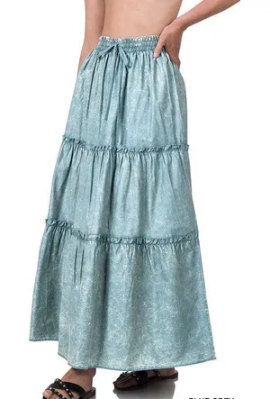 Zenana Maxi Skirt Women LG Blue Acid Wash Tiered Cotton Ruffle Western Boho‎ thumbnail 1