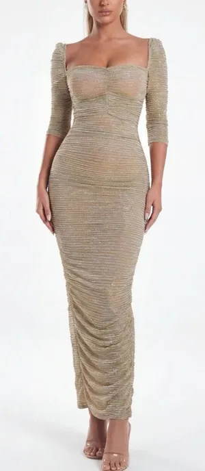 Miss Circle Sorrel Gold Ruched Chiffon Long Maxi Dress Formal Gown $250 M thumbnail 1
