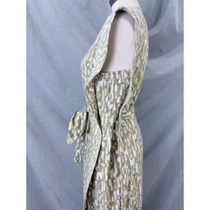 MIRTH‎ Olive Block Print Cotton Midi Dress Kantha Stitch Integrated Belt L thumbnail 12