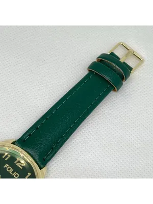 Folio gold tone women’s watch green dial leather band 34mm quartz analog running thumbnail 4