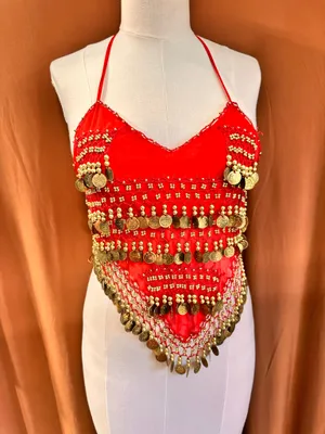 Belly Dance Costume Size M-L Red Golden Coins Halter Top & Hip Scarf thumbnail 2