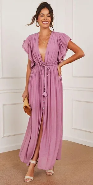 VICI Mauve Purple Button Front Cinched Waist Maxi Dress thumbnail 1
