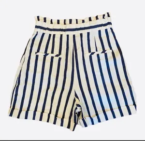 Zara High Waist White Blue Stripe Shorts S Cuff Nautical Preppy thumbnail 3