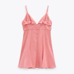 NWT Zara Coral Pink Linen Blend Mini Dress Ruffle Tie Front Size Small thumbnail 5