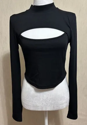 SheIn Ribbed Mock Neck Cutout Crop Top Bodycon Edgy Clubbing Night Out Y2K Sz 8/10 thumbnail 1