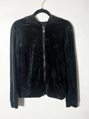 Hello Kitty Velour Zip Up Hoodie S/M Black Embossed Velvet Jacket thumbnail 1