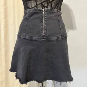 Free People Black Highlands Washed Denim A‎ Line Mini Skirt Distressed Raw Hem 0 thumbnail 6