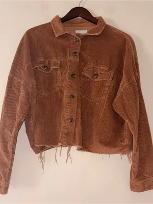 American Eagle Cropped Corduroy Jacket Brown Raw Hem Boho Shacket Large thumbnail 1