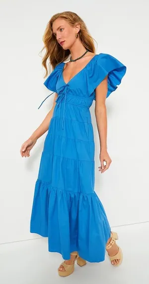 MOON RIVER Blue V-Neck Maxi Dress V-Neck Ruffled Sleeveless‎ Sundress thumbnail 1