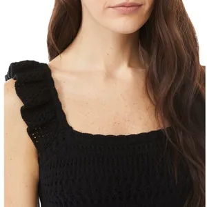 Crochet Mini Dress Size S Black Ruffle Strap Open Knit Lined Party Dark Coquette thumbnail 2