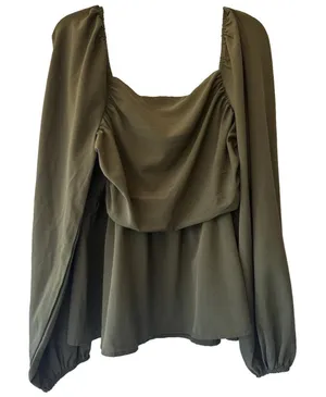 SHEIN olive green blouse draped square neckline bishop sleeves Peasant Top XL/12 thumbnail 1