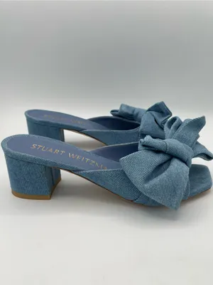 STUART WEITZMAN Love Knot Denim Wash Bow Slide Sandals 50 Block Heel Size 7 thumbnail 6