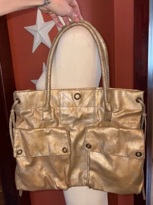 Vintage Y2K Old Navy Metallic Gold Tote Bag with Front Pockets thumbnail 1