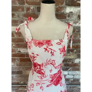 Red White Floral Toile Maxi Dress Tie Shoulder Low Back Tiered Hem Women Size L thumbnail 2