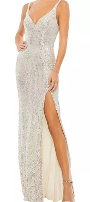NWT Mac Duggal Silver Sequin Gown HOCO Prom Gala Bling Mermaid Core Maxi Dress 8 thumbnail 1